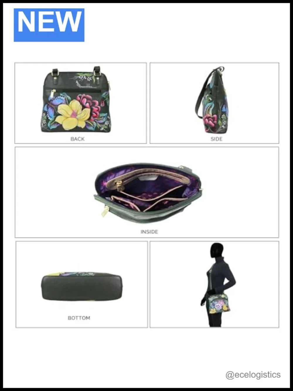 Hand-Painted Genuine Leather Medium Crossbody with Floral Butterfly Art